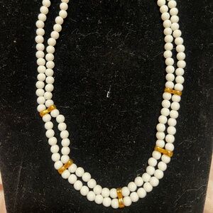 Vintage Napier Double Strand White Bead Necklace with Gold Tone Accents